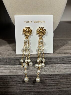 NWOT - Tory Burch Kira logo pearl linear drop earrings